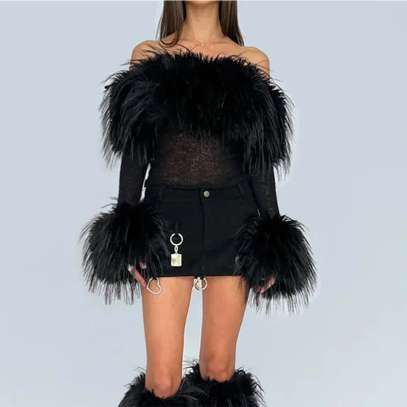 L / Black OUDINA Fashion Women's Clothing Tops Long Sleeve One Shoulder Faux Fur See Through Top Crop Tops For Women