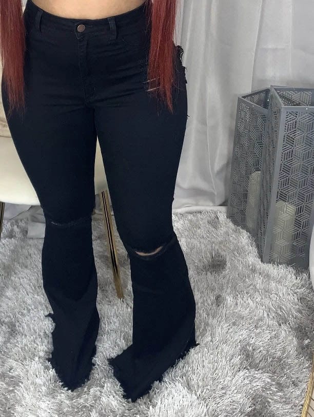 L / black plus size fashion flare trend bell bottom distressed denim ripped jean women