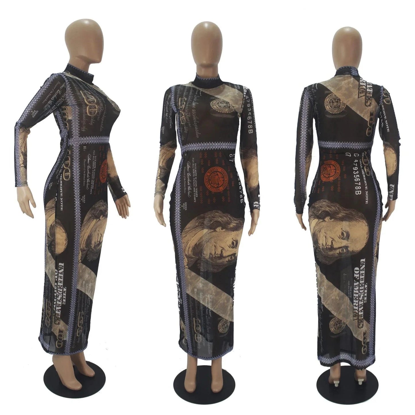 L / Black Printed Long Sleeve Net Yarn Maxi Dress