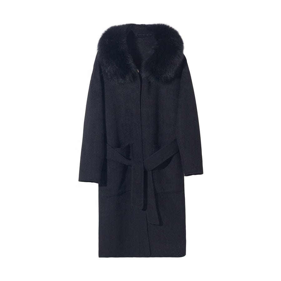L / Black QIUCHEN- QC19055 hot-selling women warm trench jacket cashmere belt long plus size fox fur collar wool coat