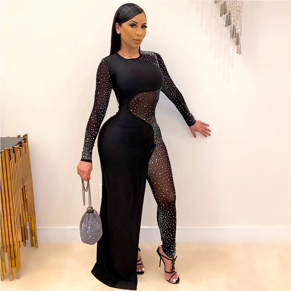 L / black RX-CY8832 Best selling spring solid long sleeve diamond dress pants one piece women long dress