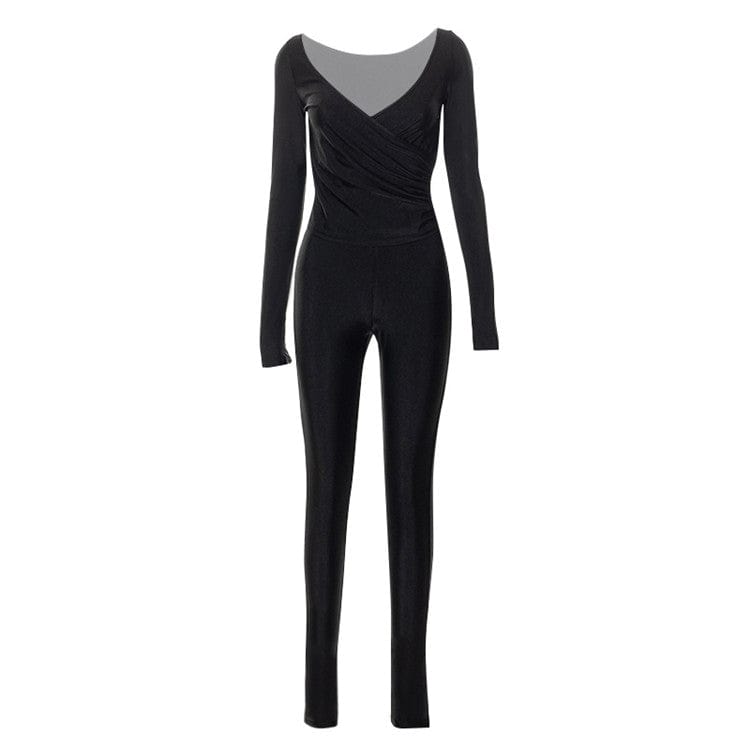 L / black Sexy 2 Two Piece Set Women Outfits 2023 Long Sleeve Crop Top Bodycon Pants Black Party Matching Sets