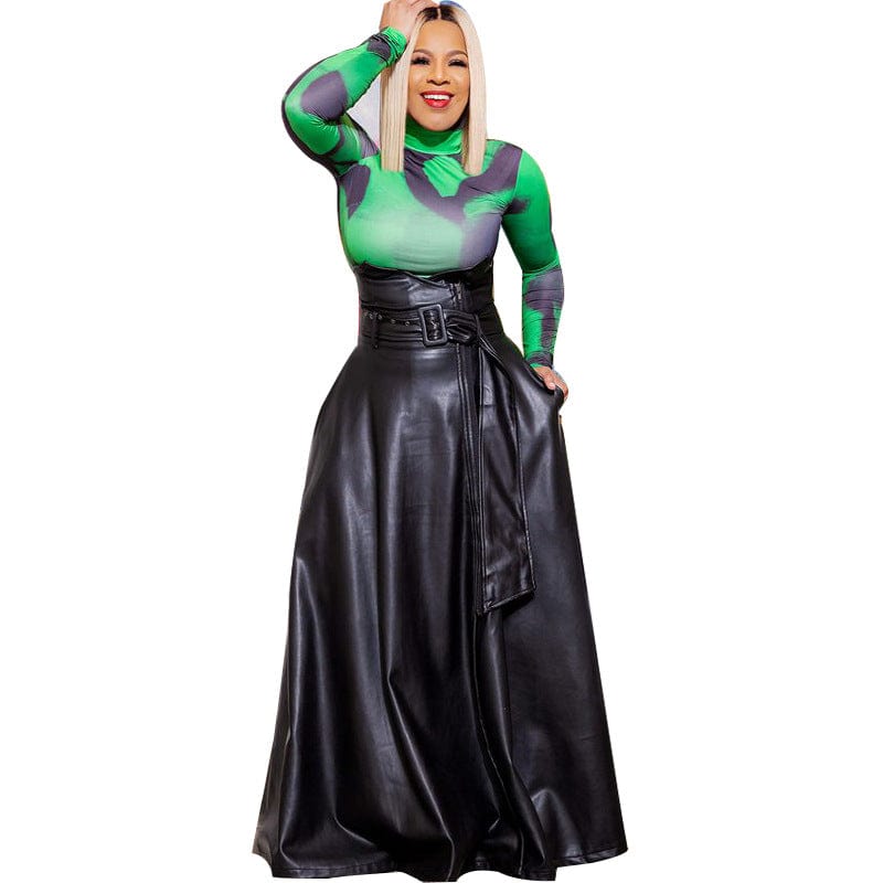 L / black Sharee America Size Clothing Elegant High Waist Pu Leather Skirt Split Long Skirts For Women