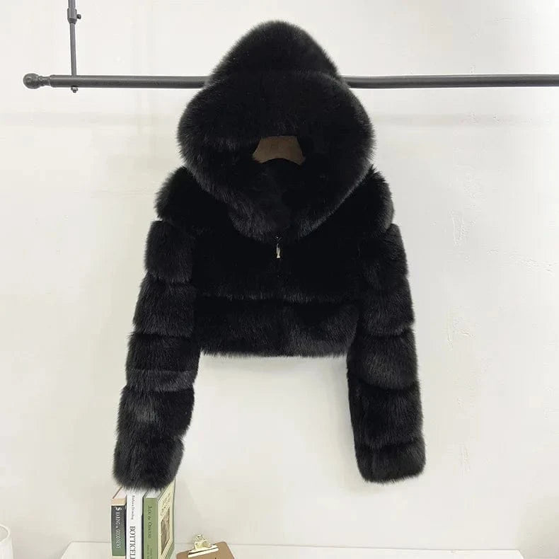 L / Black Women Fur Coat Hooded Crop Solid Thick zipper Fashion Women Short Length Regular From S-XXXXXXXXL 8XL Plus Size Woman Jacket