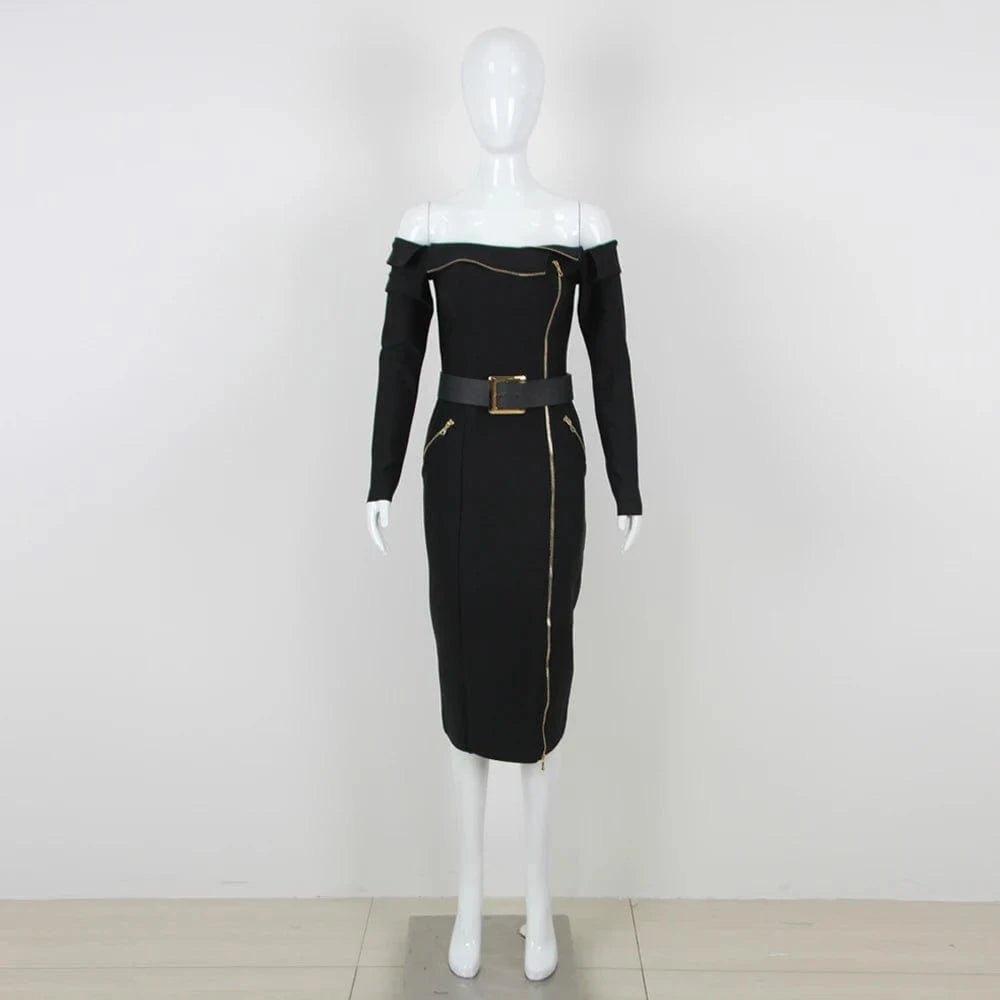 L / Black Women's Black Bodycon Long Sleeve Midi Bandage Dress Belt Zipper Evening Dresses