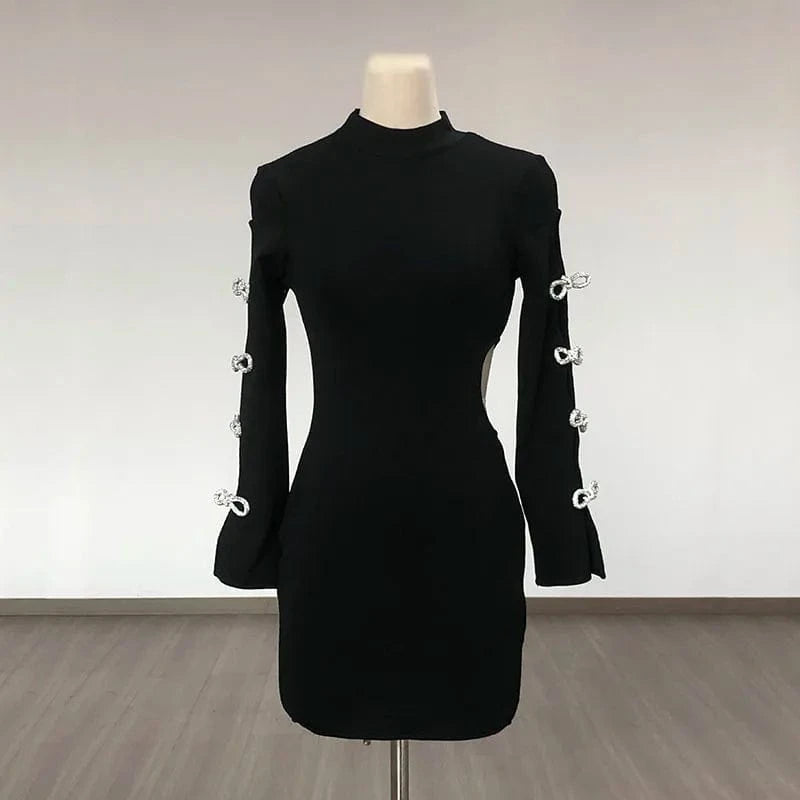 L / Black Women's Black O Neck Bodycon Long Sleeve Beading Bow Midi Dress Bandage Evening Dresses