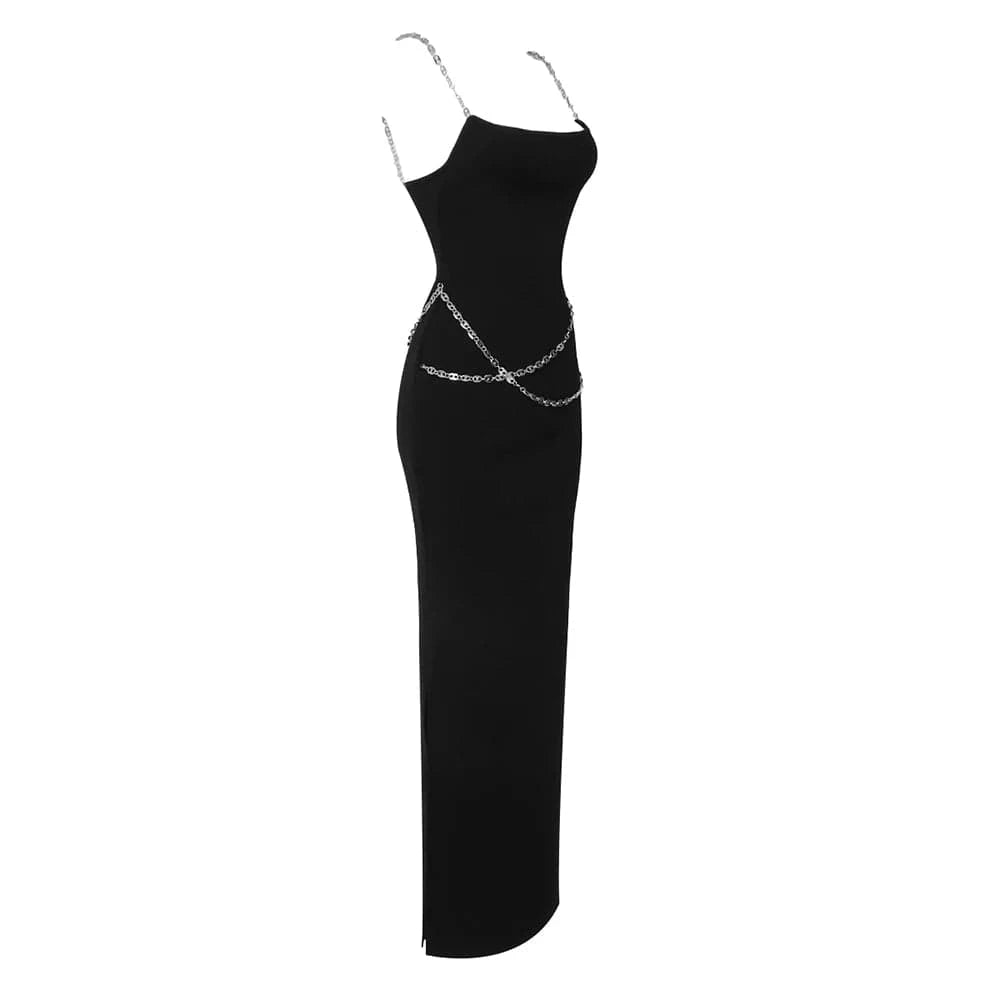 L / Black Women's Fashion Bodycon black sleeveless Chain Spaghetti Strap Party Bandage Evening Dresses