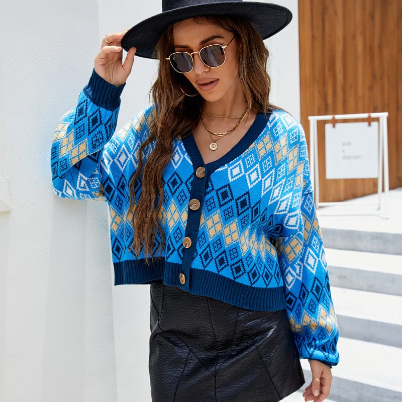 L / Blue 2022 Autumn And Winter New Retro Diamond Long Sleeve Knitted Coat Women's Clothing Loose Cardigan
