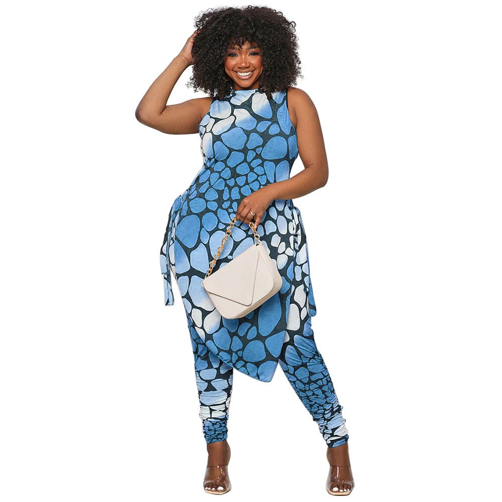 L / Blue 2023 Fashion Sleeveless Printed Plus Size Irregularity Slit Woman Two Piece Set Clothing
