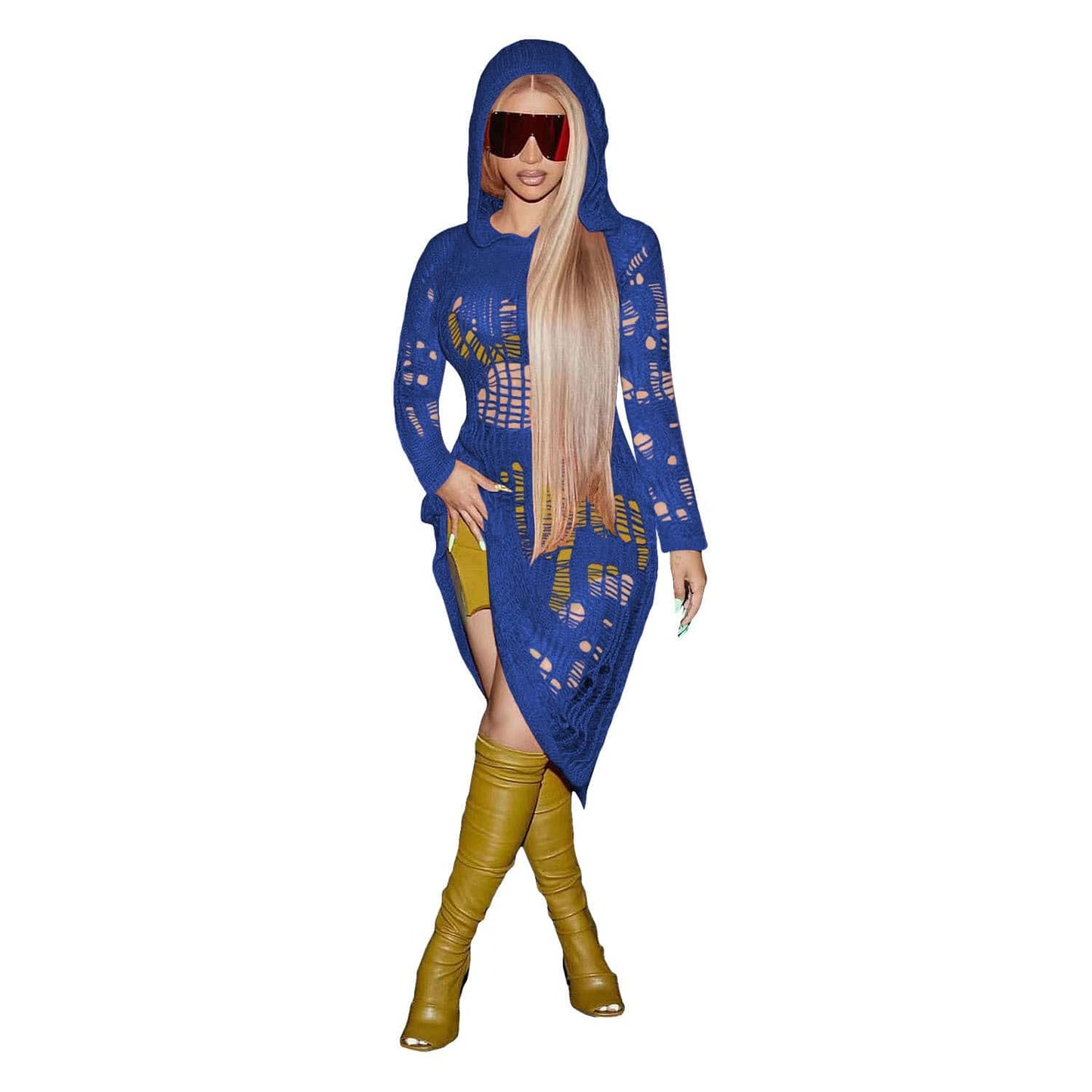 L / Blue C1103TA95 Latest Sexy Hollow Out Hooded Solid Color Beach Dress Women Sehe Fashion