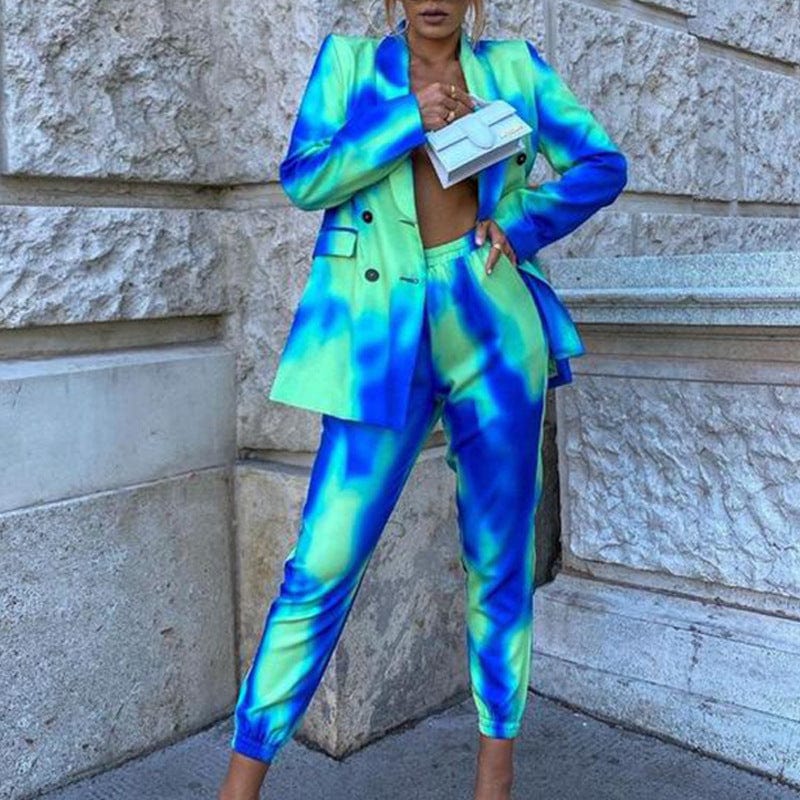 L / Blue Casual Ladies' Trousers And Blazer Suit With Pockets Tie Dye Set Long Sleeved Fashion Suit Lapel Waist Coat Two-piece Suit