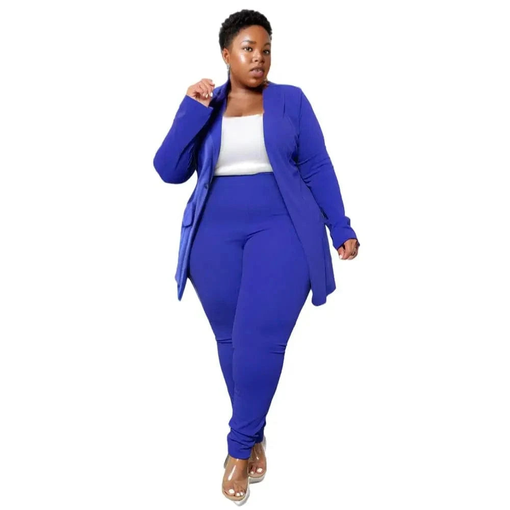 L / Blue E0110ME11 Popular Plus Size Solid Color Long Sleeve Workout Office Style 2 Piece Blazer Suits Sets Women Sehe Fashion