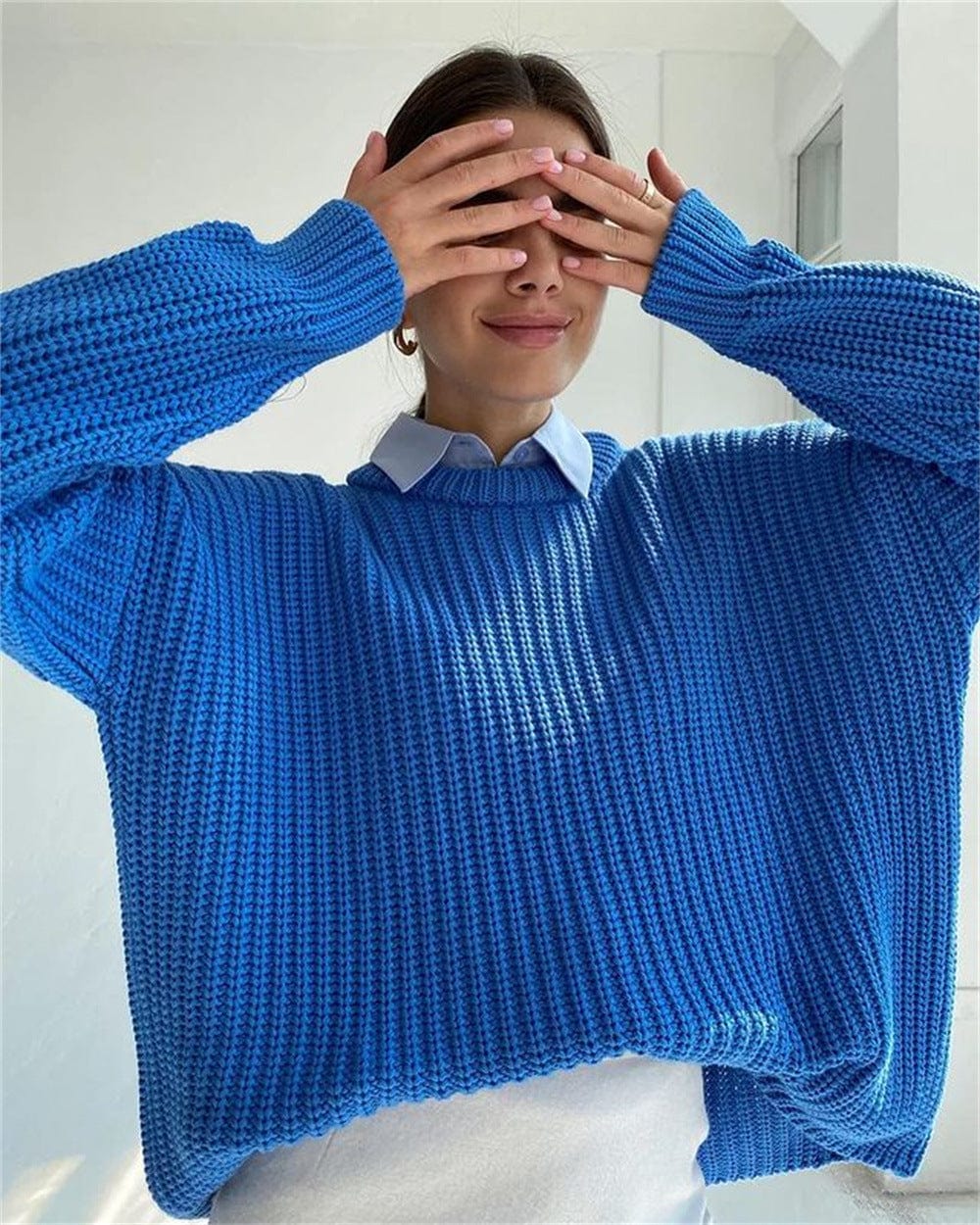L / Blue Foma High quality hot selling round neck pullover sexy casual solid color fashion sweaters for women