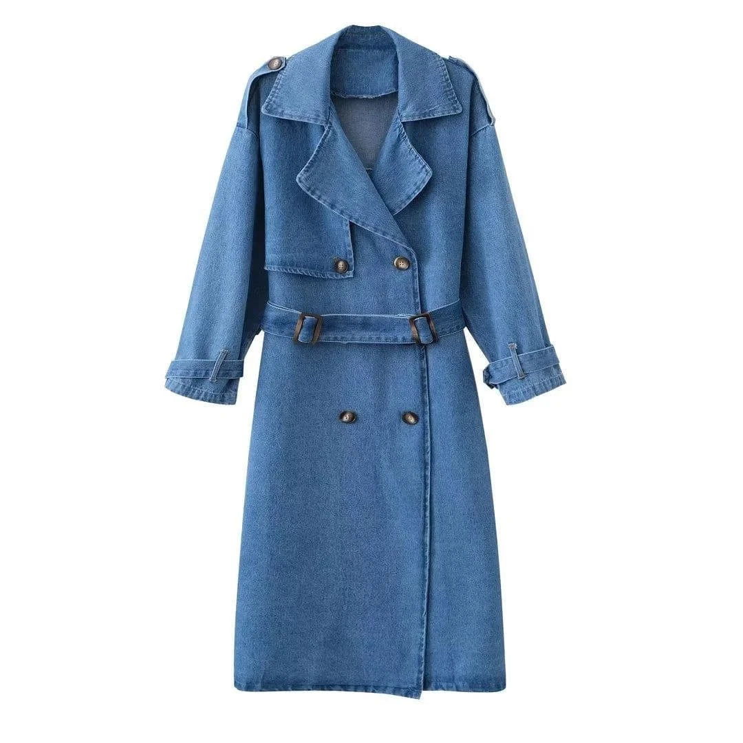 L / Blue IHOOV outdoor Double Breasted Belted Denim Coat long coat fall clothing women ladies denim long jacket