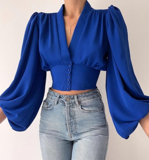 L / Blue J&H 2023 hot sale S-5XL sexy v neck corset top women elegance puff sleeve fashion blouse shirts casual fall clothes whoelseale
