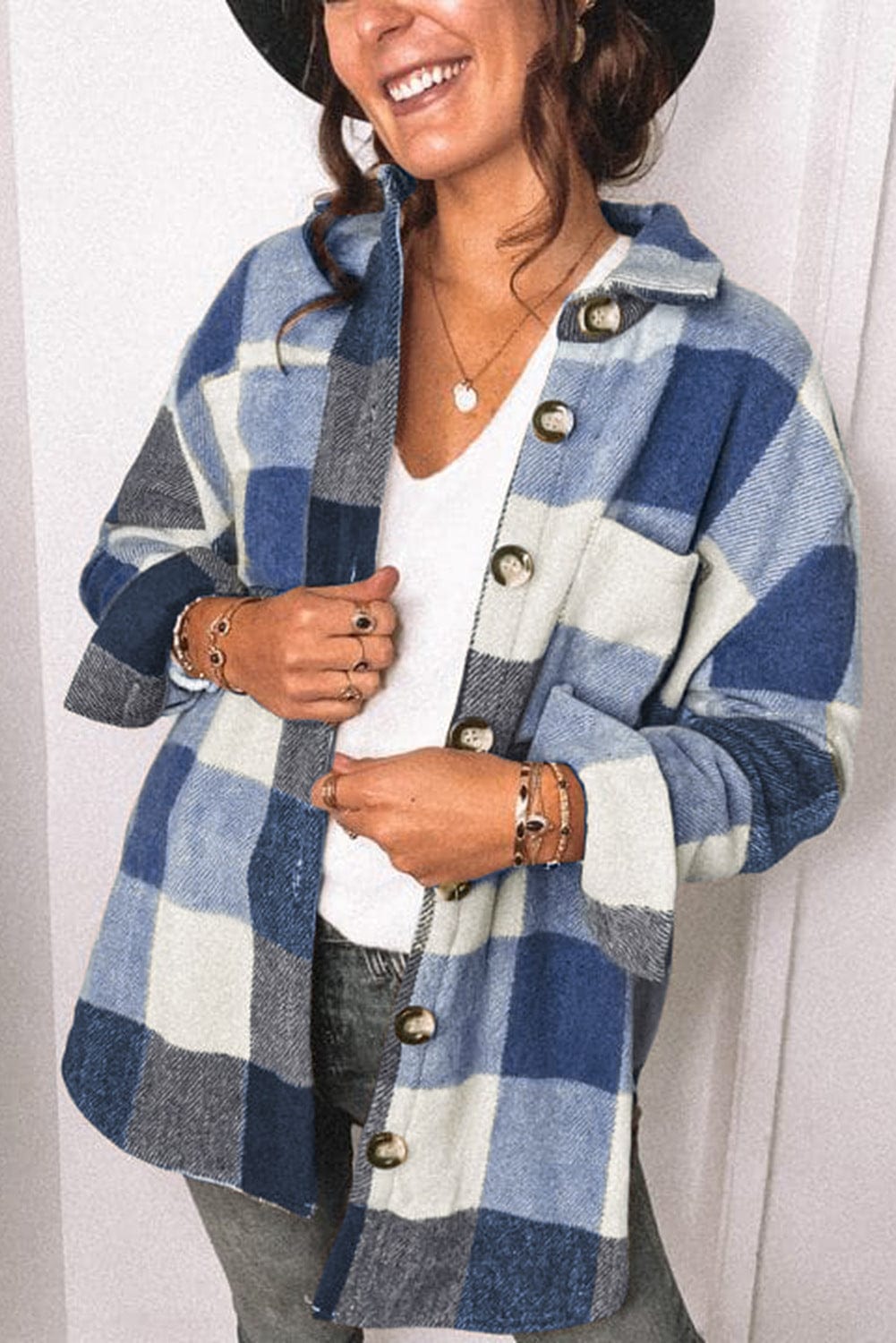 L / Blue New Design 2022 Full Sleeves Plaid Women Casual Coats Comfortable Plus Size Jackets Medium Long Women Shirts