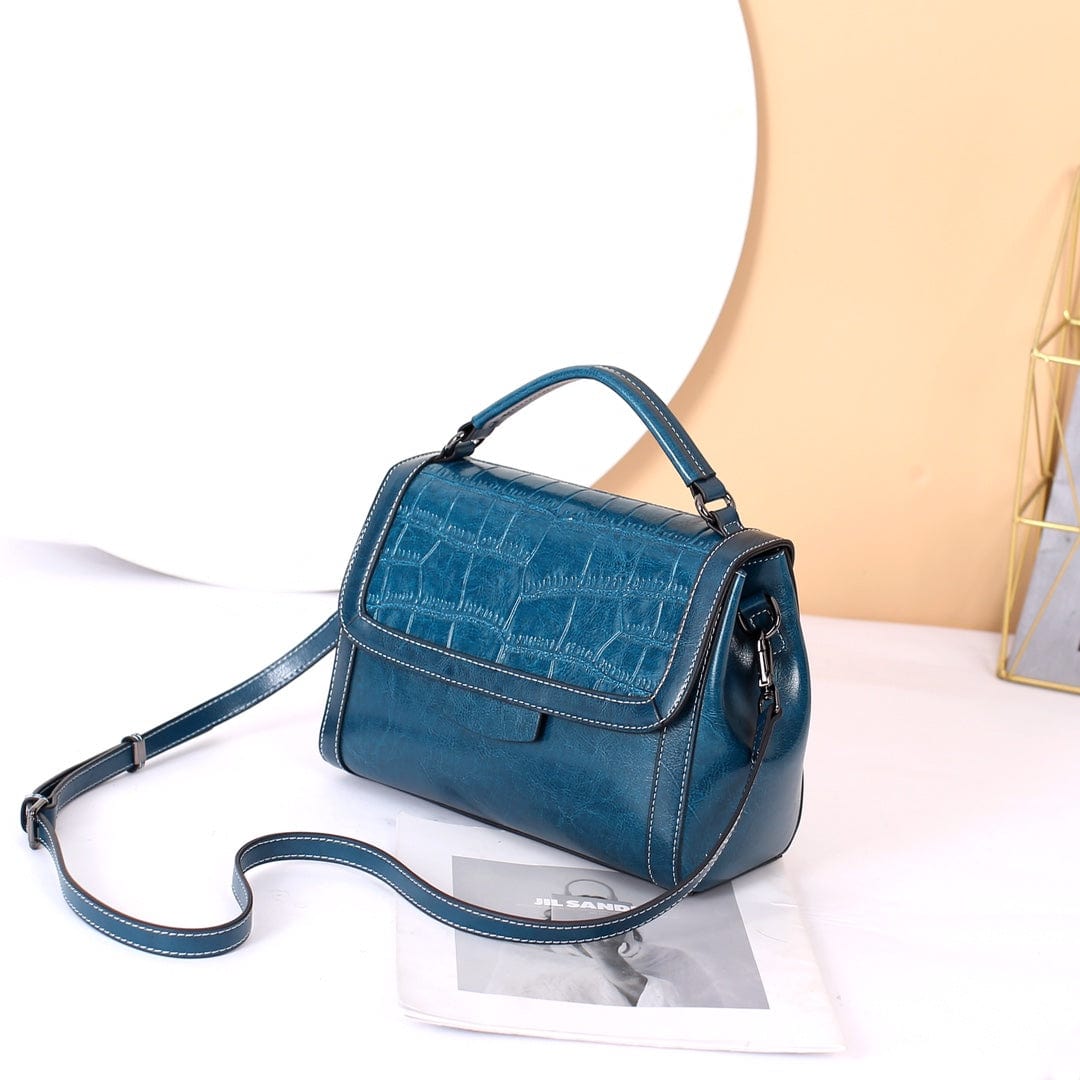 L / blue New design cowhide handbag women low moq messenger bag factory custom embossed leather handbag
