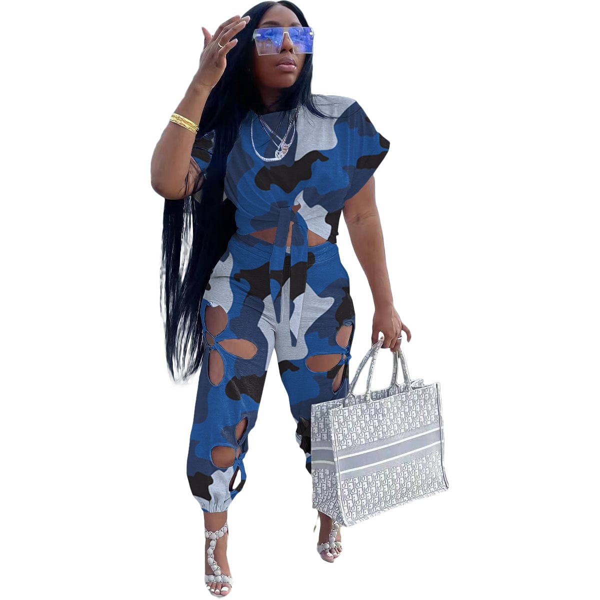 L / Blue New Fashion Camouflage Printed Pocket Casual Sport Women Clothing Two Piece Set