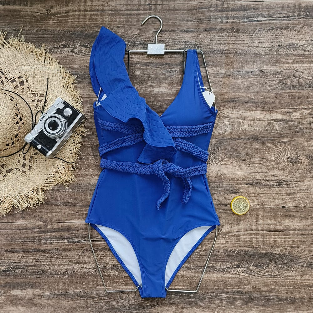 L / Blue New High Quality Designer One Shoulder Ruffled Braided Belt High Waist Bathing Suit Monokini One Piece Swimsuit for Women