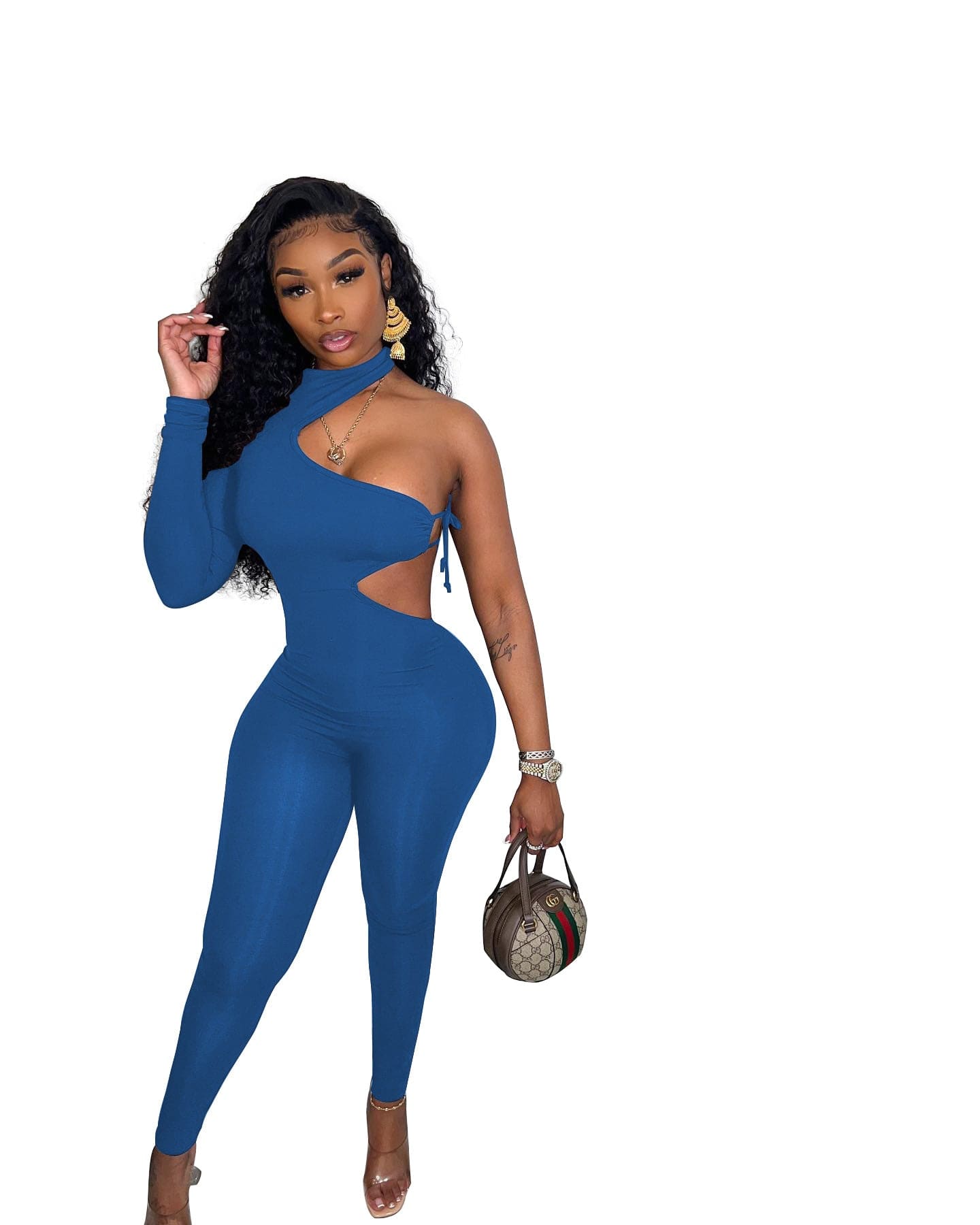 L / Blue Newest Design Fashion Irregular Single Sleeve Sexy Lace Up Jumpsuit Solid Color Bodycon One Piece Jumpsuits For Women 2022