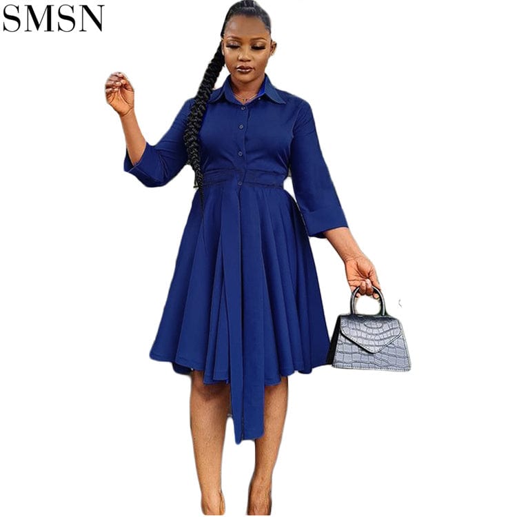 L / Blue OSINA Latest Design Solid Color Bandage Dress Lady Elegant Women Office Dress Sexy A-Line Casual Dresses