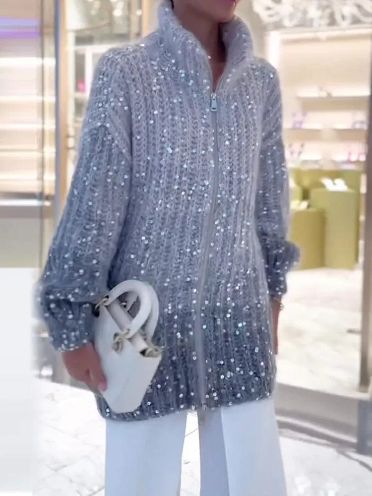L / Blue OUDINA Fashion Women Clothing Casual Zipper Lazy Sequined Lantern Sleeve Sweater Knitted Cardigan Sweaters For Women