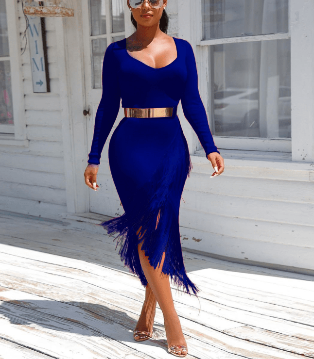L / Blue Sexy V-neck Long Sleeves Bodycon Chic Tassel Lady Party Cocktail Dress