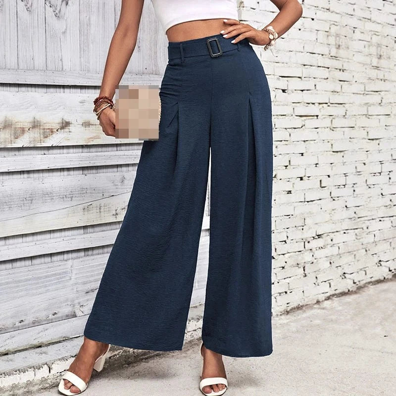 L / Blue Solid Color Belted Wide-Leg Pants