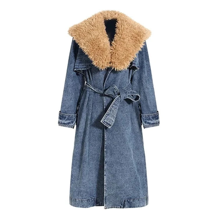 L / Blue(With fur collar) Womens Winter Warm Removable Fur Collar Long Jean Jacket Denim Maxi Oversize Jacket Trench Coat with Belt