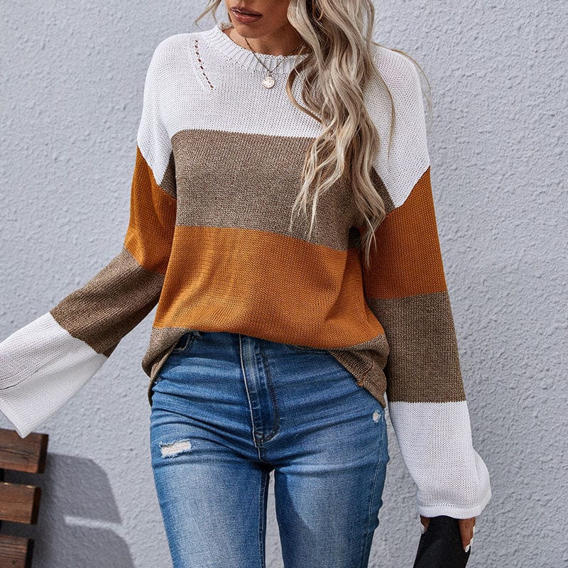 L / Brown Loose Autumn Winter Striped Sweater Women Pullover Womens Sweaters Oversized Color Block Sweater
