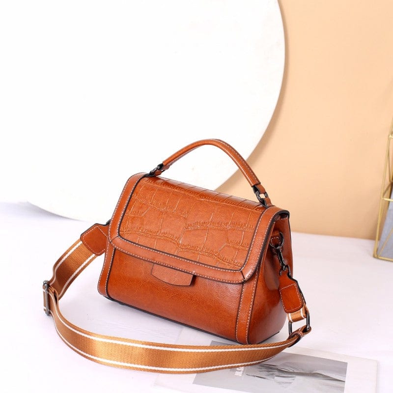 L / Brown New design cowhide handbag women low moq messenger bag factory custom embossed leather handbag