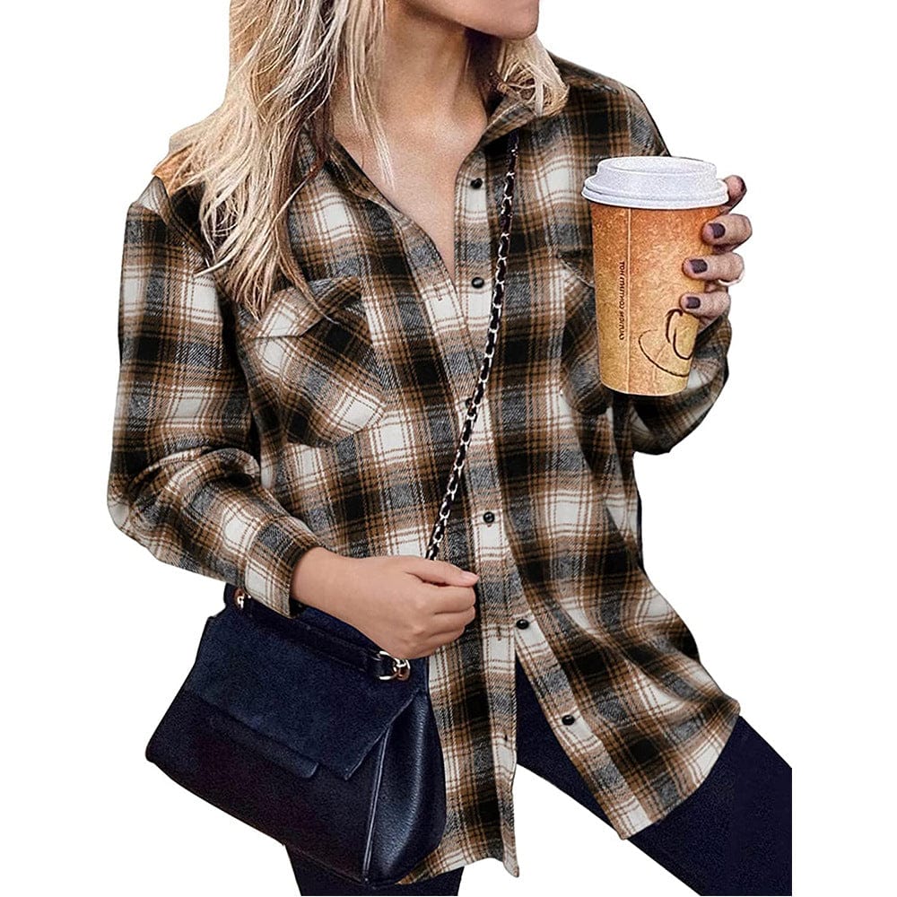 L / Brown New Trend 2022 Yarn Dyed Plaid Loose Casual Jacket Patchwork Design Oversize Jacket Polyester Turn Down Collar Coat For Women