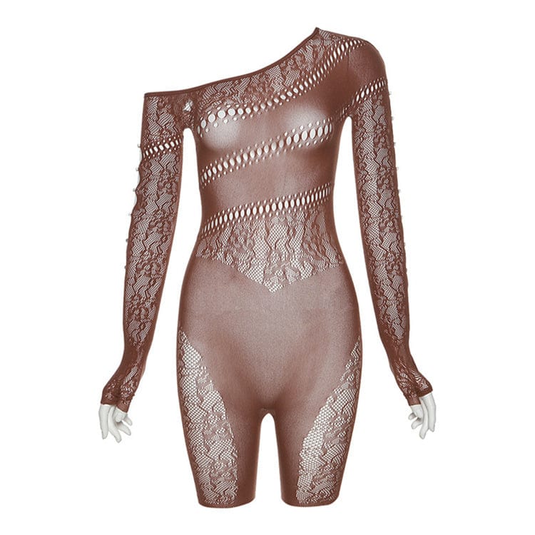 L / Brown Women Solid Hollow Out Print Playsuits Long Sleeve One-piece Shorts Rompers Diamond Button Sexy Outfits