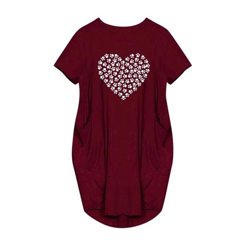 L / Burgundy 2022 summer Women Short Sleeve Dress Heart Dog Love Letters t-shirt Women Vestidos Beach Plus Size casual dresses