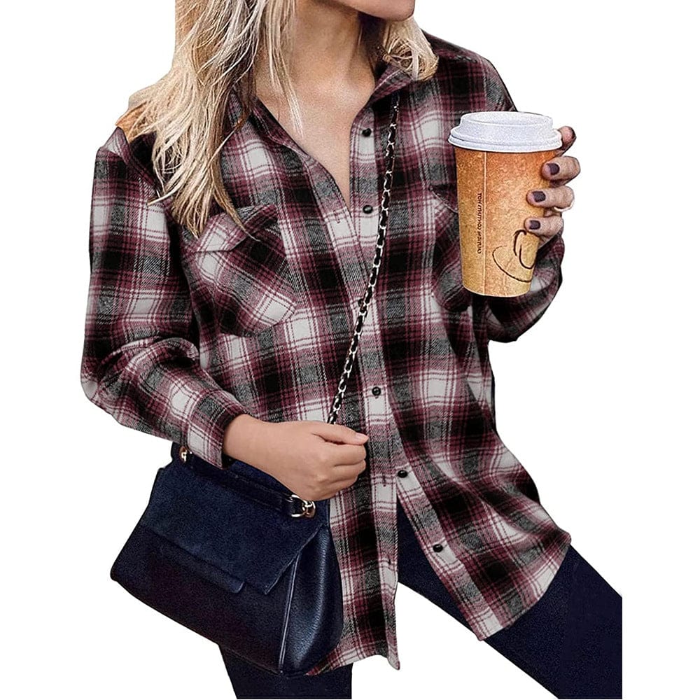 L / Burgundy New Trend 2022 Yarn Dyed Plaid Loose Casual Jacket Patchwork Design Oversize Jacket Polyester Turn Down Collar Coat For Women