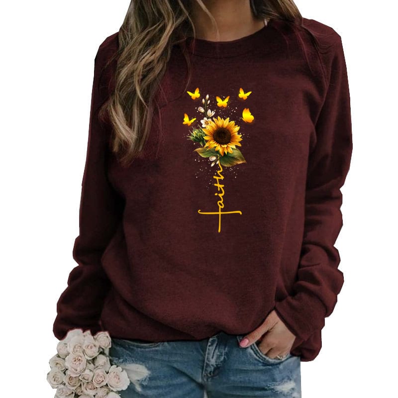 L / Burgundy vintage anime plain pullover oversized hoodie Sunflower faith women hoodies custom logo puff print y2k crewneck sweatshirt