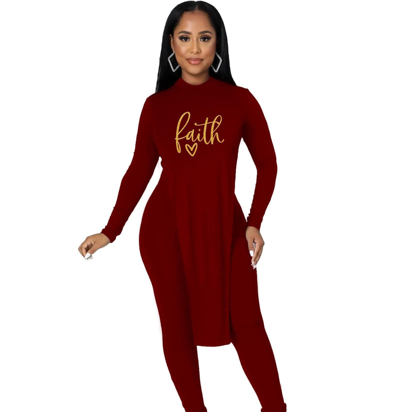 L / Burgundy Woman Top Fashion Casual Printed Split Joint Slit O Neck Long Sleeve Two Pieces