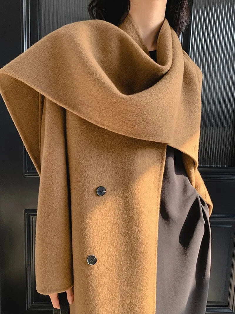 L / Camel High Quality Oversized Cashmere Coat Winter Elegant Women Wool Coats with Scarf