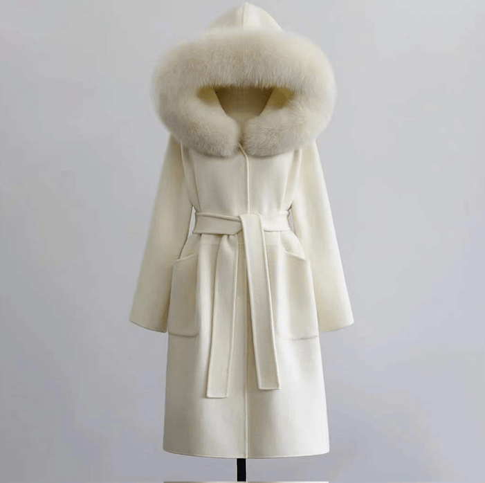 L / cream QIUCHEN- QC19055 hot-selling women warm trench jacket cashmere belt long plus size fox fur collar wool coat