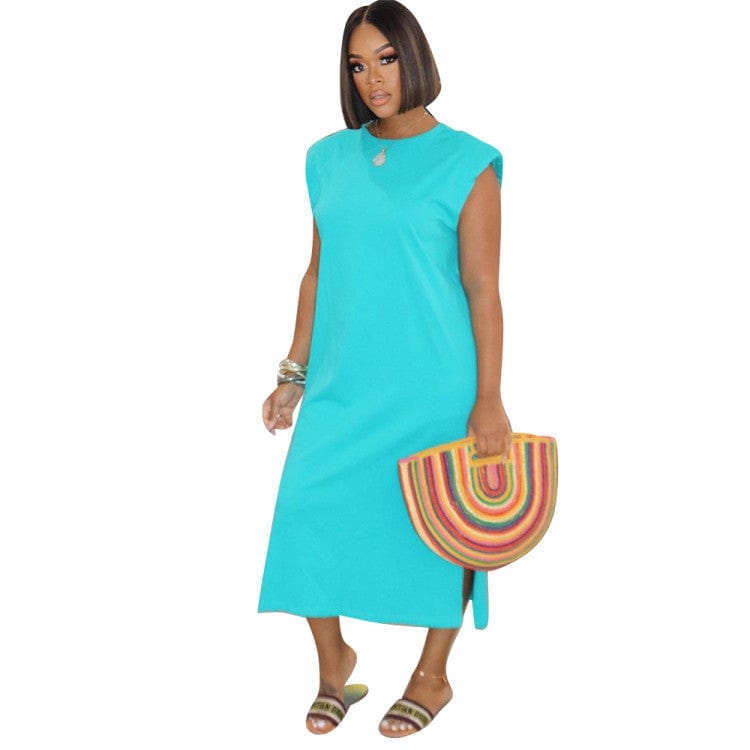 L / cyan-blue Popular Products Fashion Solid Color Slit Long Dresses Women Casual Round Neck Sleeveless Loose Simple Summer Dress