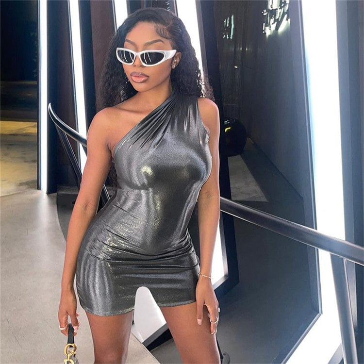 L / Dark Gray Pu Faux Leather Y2K Clothes One Shoulder Sleeveless Backless Bodycon Skinny Playsuit For Women Club Streetwear Romper