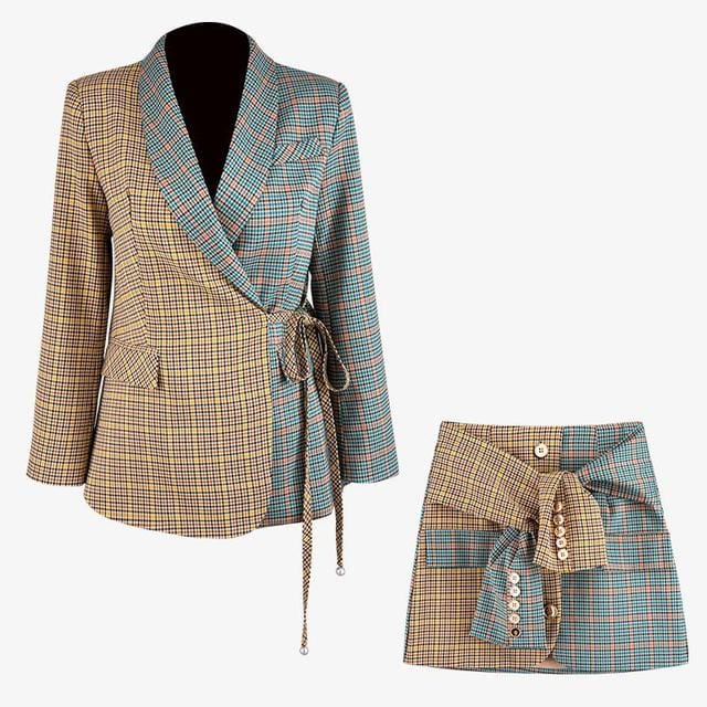 L / Fuchsia GETSPRING Women Set Women Skirt Sets Color Matching Bandage Grid Suit Coat Irregular High Waist Skirts 2 Piece Set Women 2019