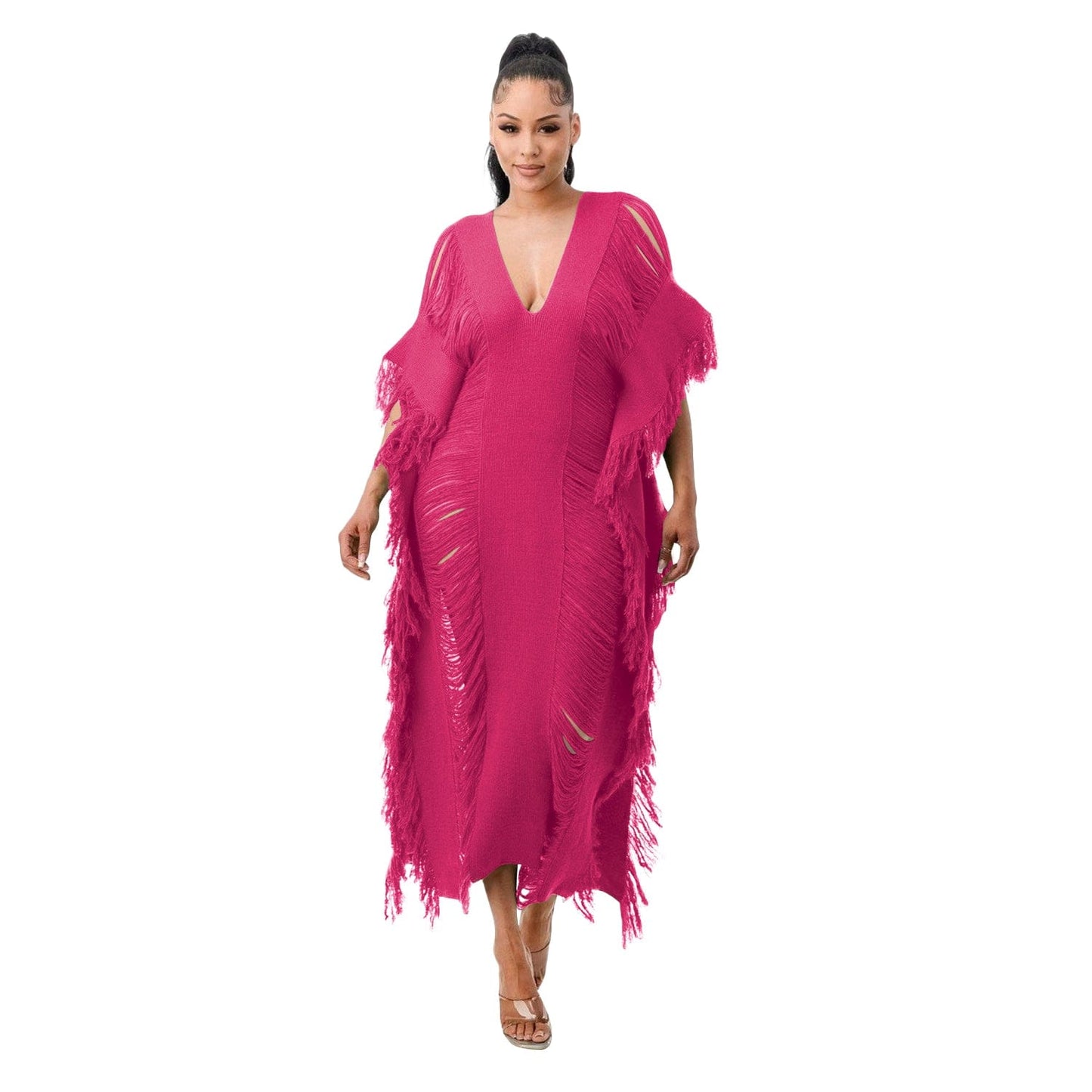 L / Fuchsia Trendy Women Clothes Solid Color Manual Knitted Sheer Fringed Dress