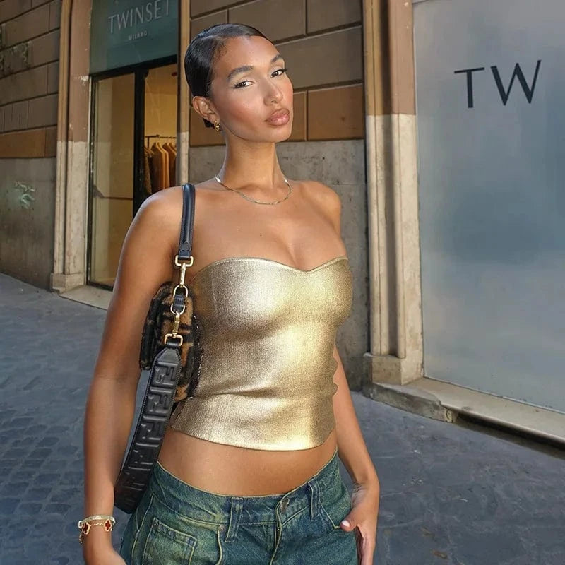 L / Gold / Spandex / Cotton custom logo female women ladies sexy metallic silver golden black strapless boob tube top women high street clothing clothes