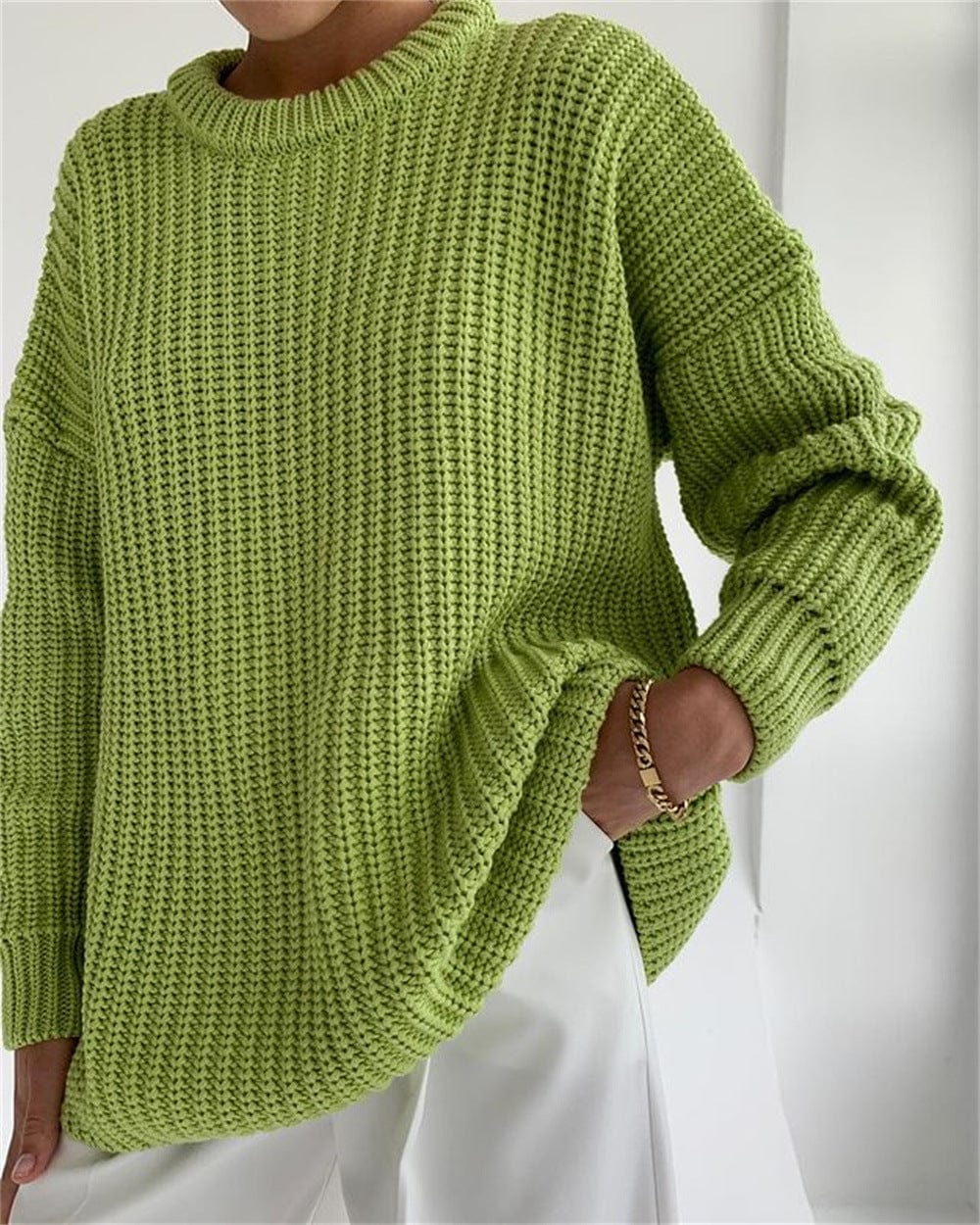 L / Grass green Foma High quality hot selling round neck pullover sexy casual solid color fashion sweaters for women