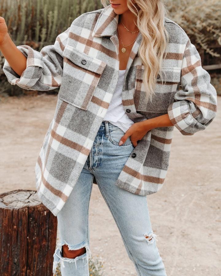 L / Gray 2022 Latest Winter Plaid Patchwork Coat Casual Women Jacket Oversize Polyester Loose Women Clothing