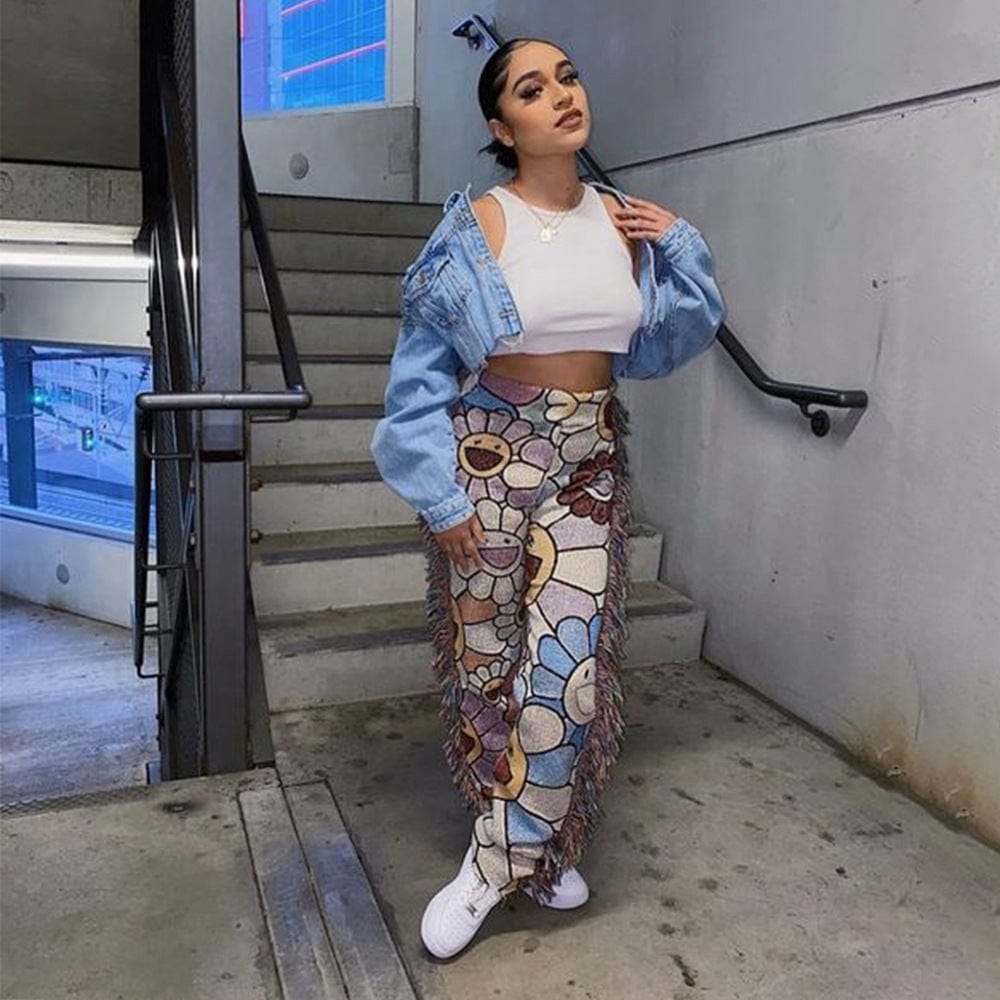 L / Gray Hot Sale New Fashion Color Pattern Print Long Trousers White Pants Women Fringe Tassel Casual Pants