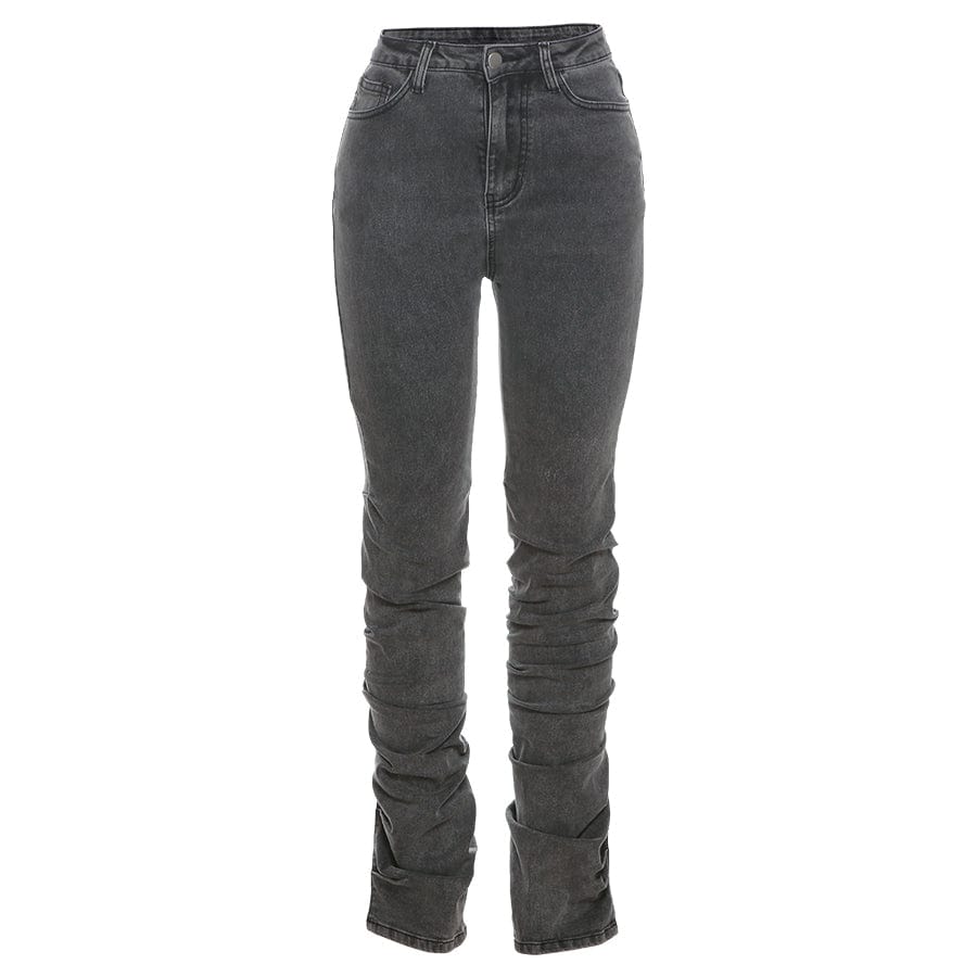 L / Gray Kliou W21P04882 Newest Design Slim Cotton Jeans Women's Pants With Stacked Women's Trousers