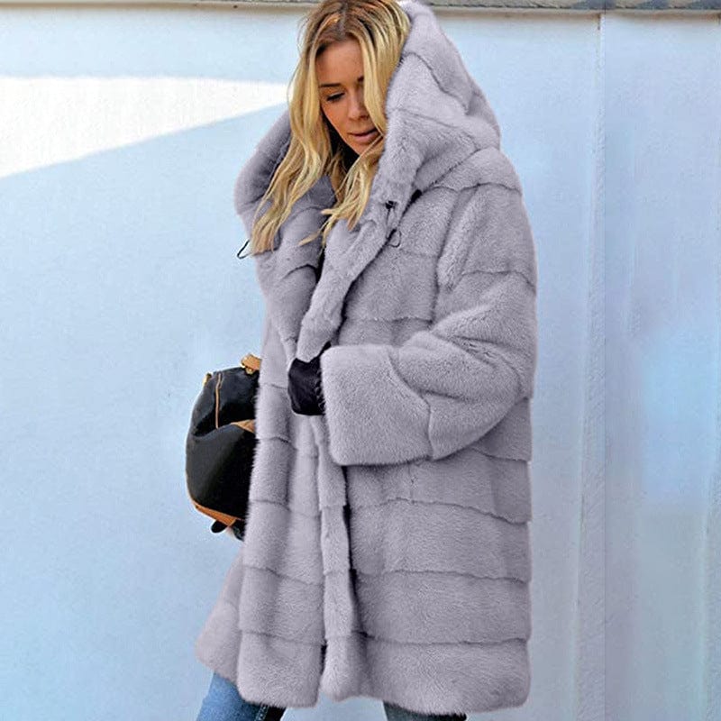 L / Gray mid-length solid color loose plush hooded coat faux fur autumn and winter warm coat