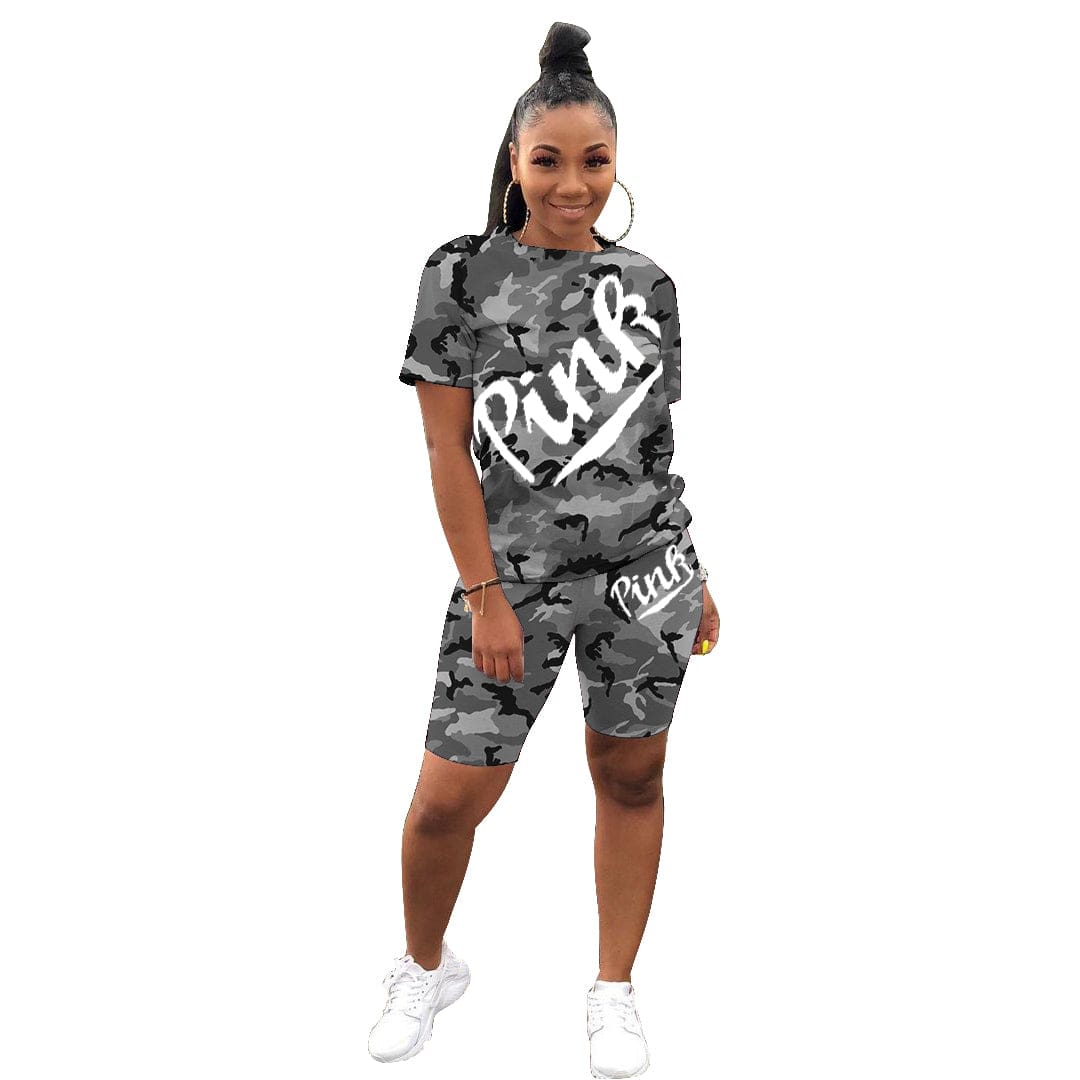 L / Gray MTY6515 2022 new arrival ladies pink short set casual camouflage pants sets printed outfit suit 2 piece set women clothing